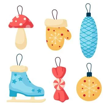 Christmas set of various tree decorations. Cone, mitten, skates, candy, fly Stock Illustration