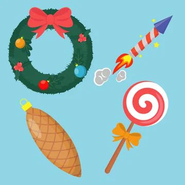 Christmas set of vector elements includes wreath, firework rocket, candy and Stockillustratie