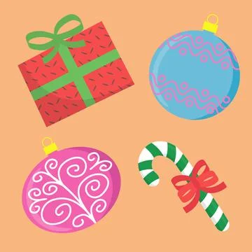 Christmas set of vector elements includes glass balls, gift, christmas candy Stock Illustration