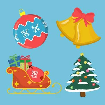Christmas set of vector elements includes glass ball, bells, christmas tree and 스톡 일러스트