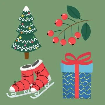 Christmas set of vector elements includes christmas tree, holly berries, skates Illustrazione stock