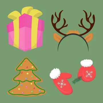 Christmas set of vector elements includes gift box, deer hat, cookie christmas 스톡 일러스트