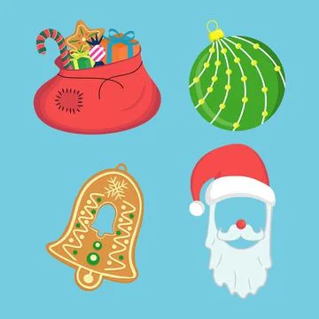 Christmas set of vector elements includes santas bag, glass ball, cookie bell Illustrazione stock