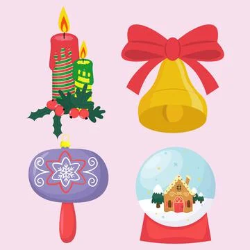 Christmas set of vector elements includes glass ball, bell, magic ball and Illustrazione stock