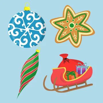 Christmas set of vector elements includes glass ball, cookie, christmas toy and Illustrazione stock