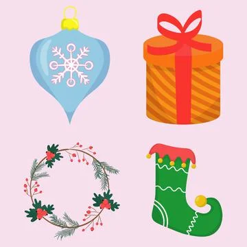 Christmas set of vector elements includes glass toy,gift box, wreath and goblin Stock Illustration