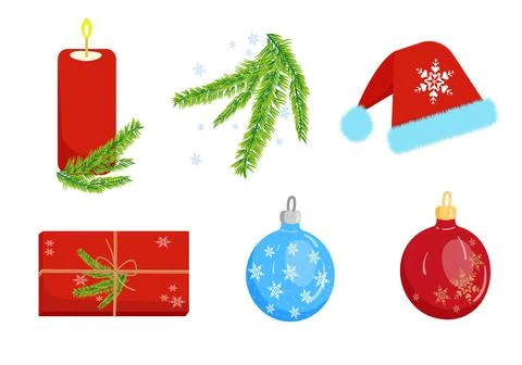 Christmas set of vector illustrations. New Year's toys, spruce branch, holiday Illustrazione stock