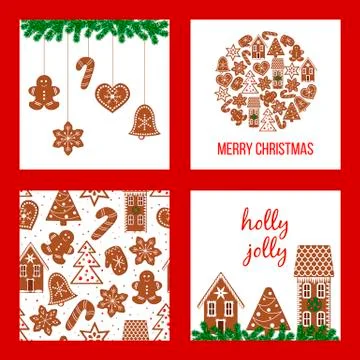 Christmas set. Xmas theme in boarded squares with gingerbread Stock Illustration