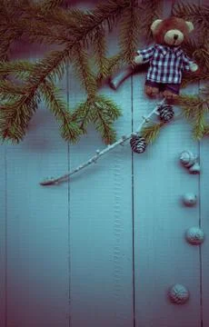 Christmas setting composition gifts forest teddy bear Stock Photos