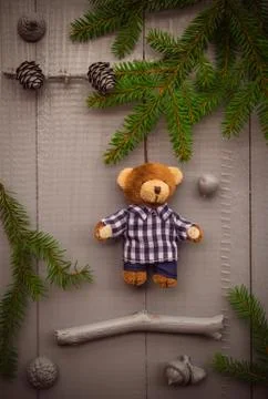 Christmas setting composition gifts forest teddy bear Stock Photos
