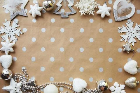 Christmas silver frame: ornaments, basic classic pattern, place for text Stock Photos