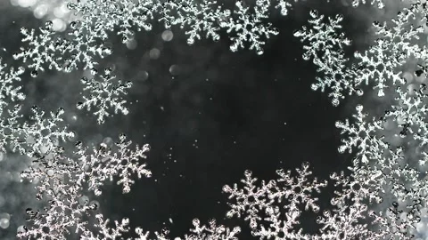 Christmas silver snow flakes border frame on black with flying glitter particles Stock Footage 149641246