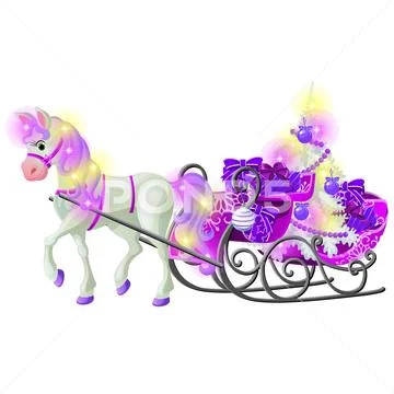 Christmas sketch with animated horse with a pink mane and hooves with a sleigh Stock Illustration