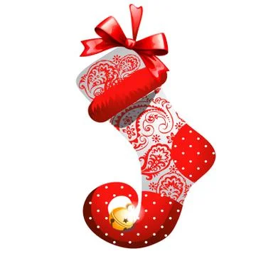 Christmas sketch with decor of patterned boot with a curved toe with red ribbon Stock Illustration