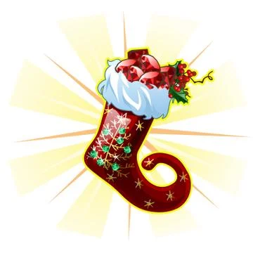 Christmas sketch with decor of patterned boot with a curved toe filled with Stock Illustration