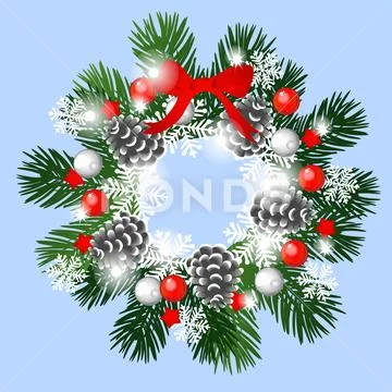 Christmas sketch with wreath of fir twigs decorated with snowflakes and pine Stock Illustration