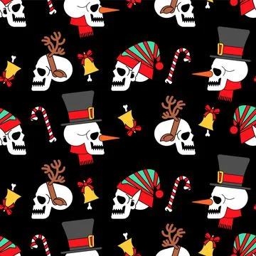 Christmas skulls pattern seamless. Skeleton head of Santa and his helpers tex Stock Illustration