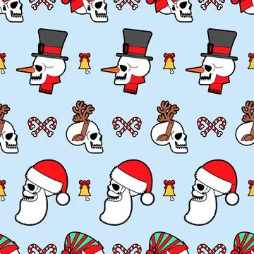 Christmas skulls pattern seamless. Skeleton head of Santa and his helpers tex Illustrazione stock