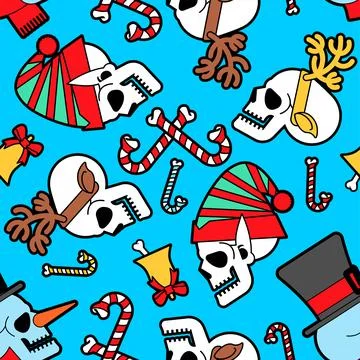 Christmas skulls pattern seamless. Skeleton head of Santa and his helpers tex 스톡 일러스트