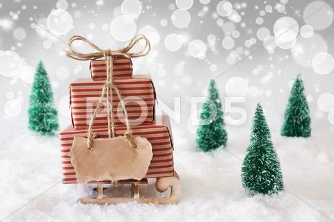 Christmas Sled On Snow With White Background, Copy Space Stock Photos