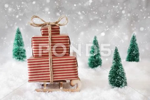 Christmas Sled On Snow With White Background, Snowflakes And Stars