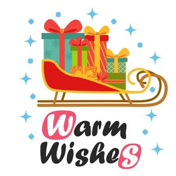 Christmas sledge with present boxes, flat design, gift card. New year holiday Stockillustratie