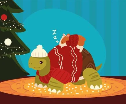 Christmas, sleeping hamster on turtle with tree celebration Stock Illustration