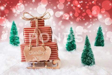 Christmas Sleigh On Red Background, Goodbye 2016 Stock Photos