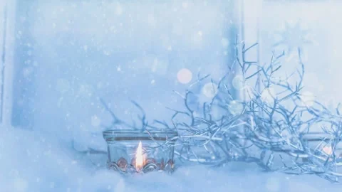 Christmas Snow falling with Candle Light Flame 4K. Stock Footage 294963412
