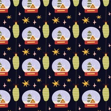 Christmas snow globe pattern with cute house and fir tree on dark background. Illustrazione stock