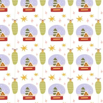Christmas snow globe pattern with cute house and fir tree on white background Stock Illustration