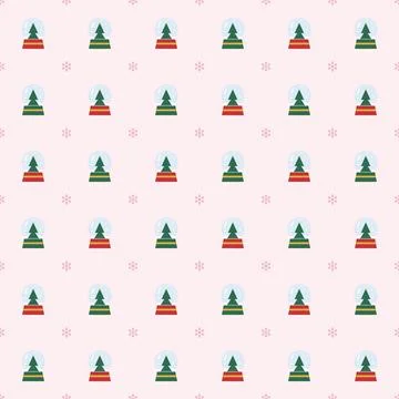 Christmas snow globe seamless pattern with green fir trees and pink snowflakes Stock Illustration
