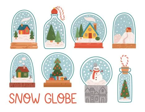 Christmas snow globe set flat design vector Stock Illustration