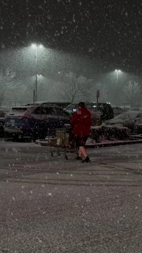 Christmas snowfall. the guy rolls a wheelbarrow with products, heavy snowfall Stock Footage 233397010