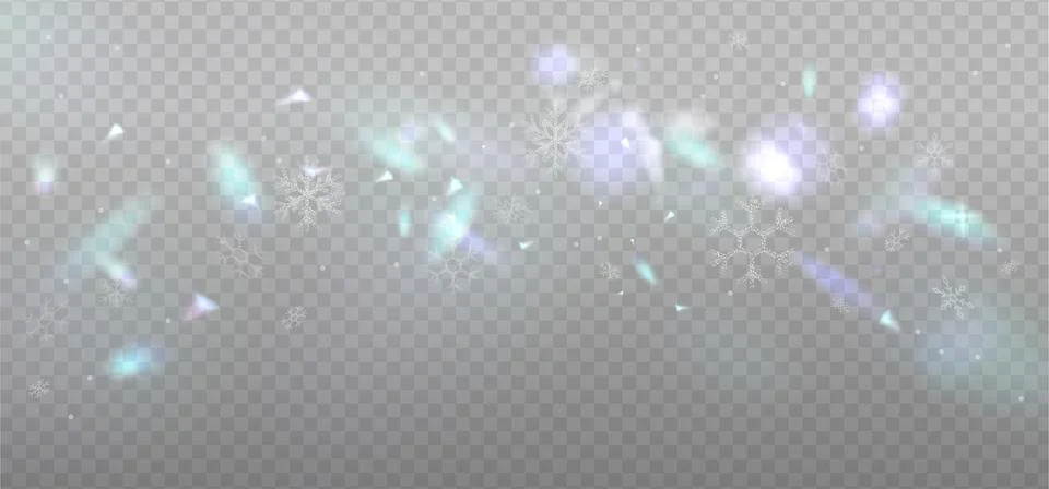 Christmas snowfall overlay with cold rainbow sunbeams highlight on a light Stock Illustration