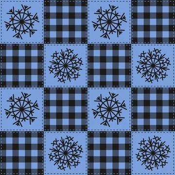 Christmas Snowflakes Patchwork Buffalo Plaid Quilt Seamless Pattern Stock Illustration