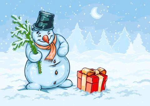 Christmas snowman and red gift box with bow Stock Illustration