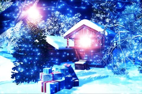 Christmas Snowy Forest 3D render Illustrazione stock