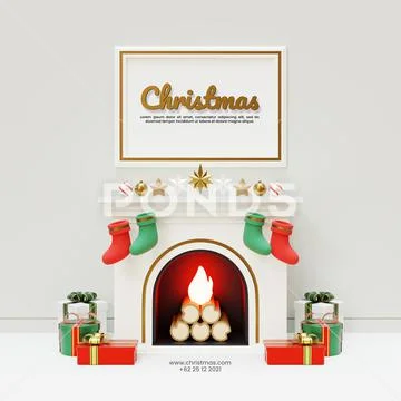 Christmas Social Media Post Template WIth Fireplace 3D Rendering Illustration PSD Template