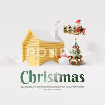 Christmas Social Media Post Template WIth House In Snow 3D Rendering Illustra PSD Template