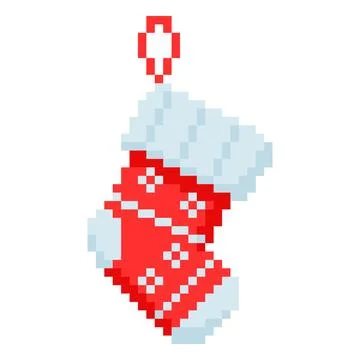 Christmas sock pixel art vector icon, red fluffy Christmas stocking with Stock Illustration