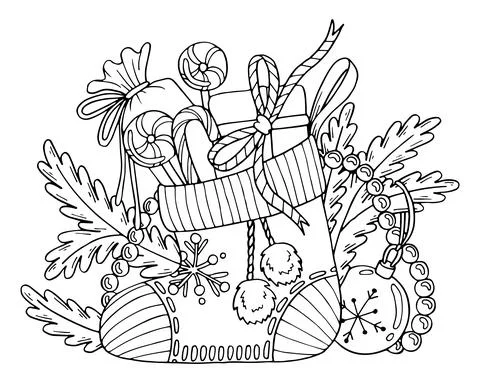 Christmas sock vector coloring page. Festive gift boxes, lollipops, spruce br Stock Illustration