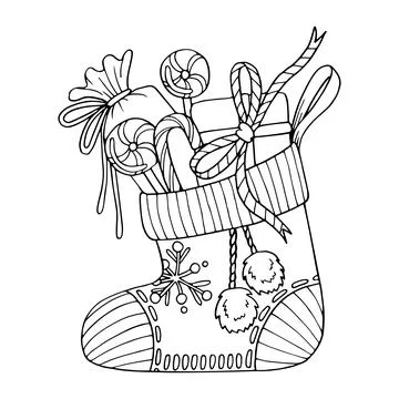 Christmas sock vector coloring page. Festive gift boxes, lollipops. Hand draw Stock Illustration