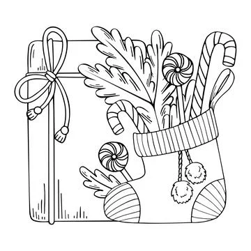 Christmas sock vector coloring page. Festive gift boxes, lollipops, spruce br Illustrazione stock