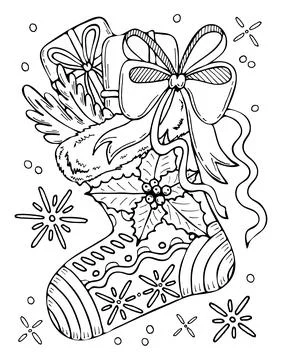 Christmas sock vector coloring page. Festive gift boxes, spruce branches with Stock Illustration