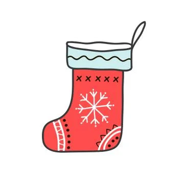 Christmas sock. Vector drawing of a red Christmas sock. Freehand doodle festi Stock Illustration