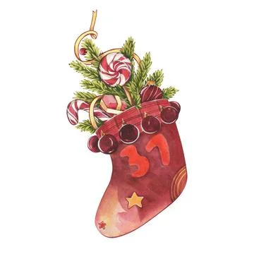 Christmas socks with candy, spruce tree and glass ball isolated on white Stock Illustration