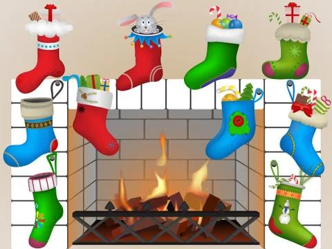 Christmas socks by the fireplace Illustrazione stock