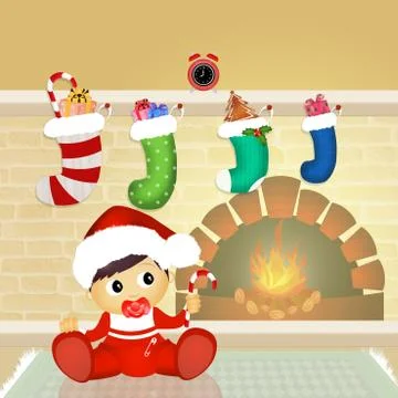 Christmas socks on the fireplace Stock Illustration