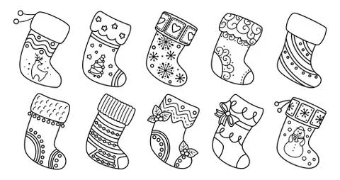 Christmas socks flat line set black linear cartoon Stock Illustration